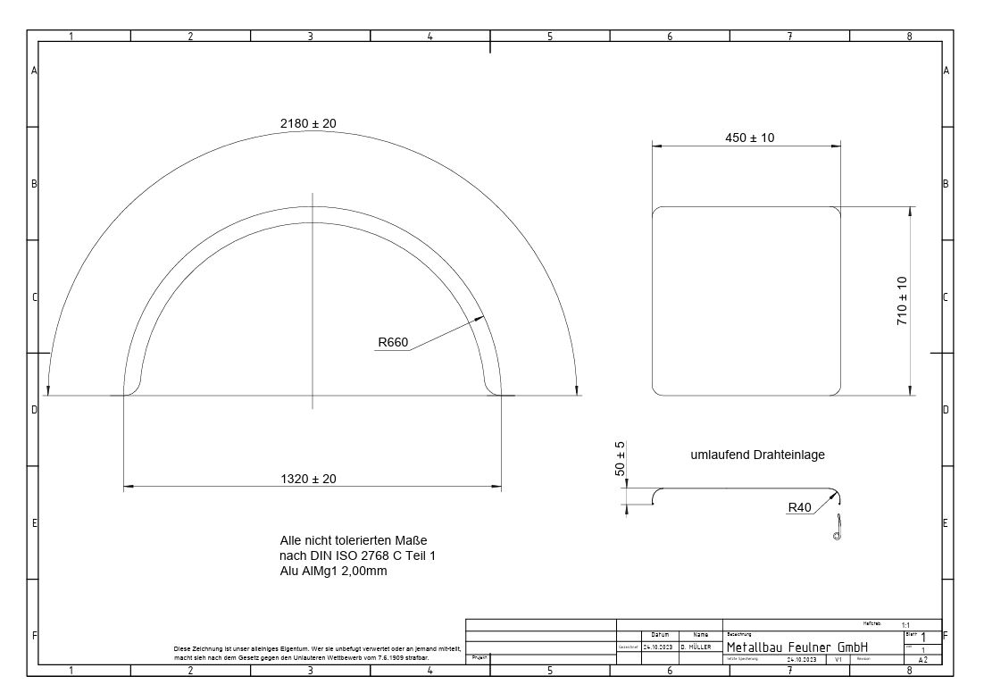 Kotflügel, Alu glatt 2,00mm, Halbkreis, beidseitig abgerundet mit Börtelung, 450 × 710 × 660 × 1320 mm (b × h × r × s) 