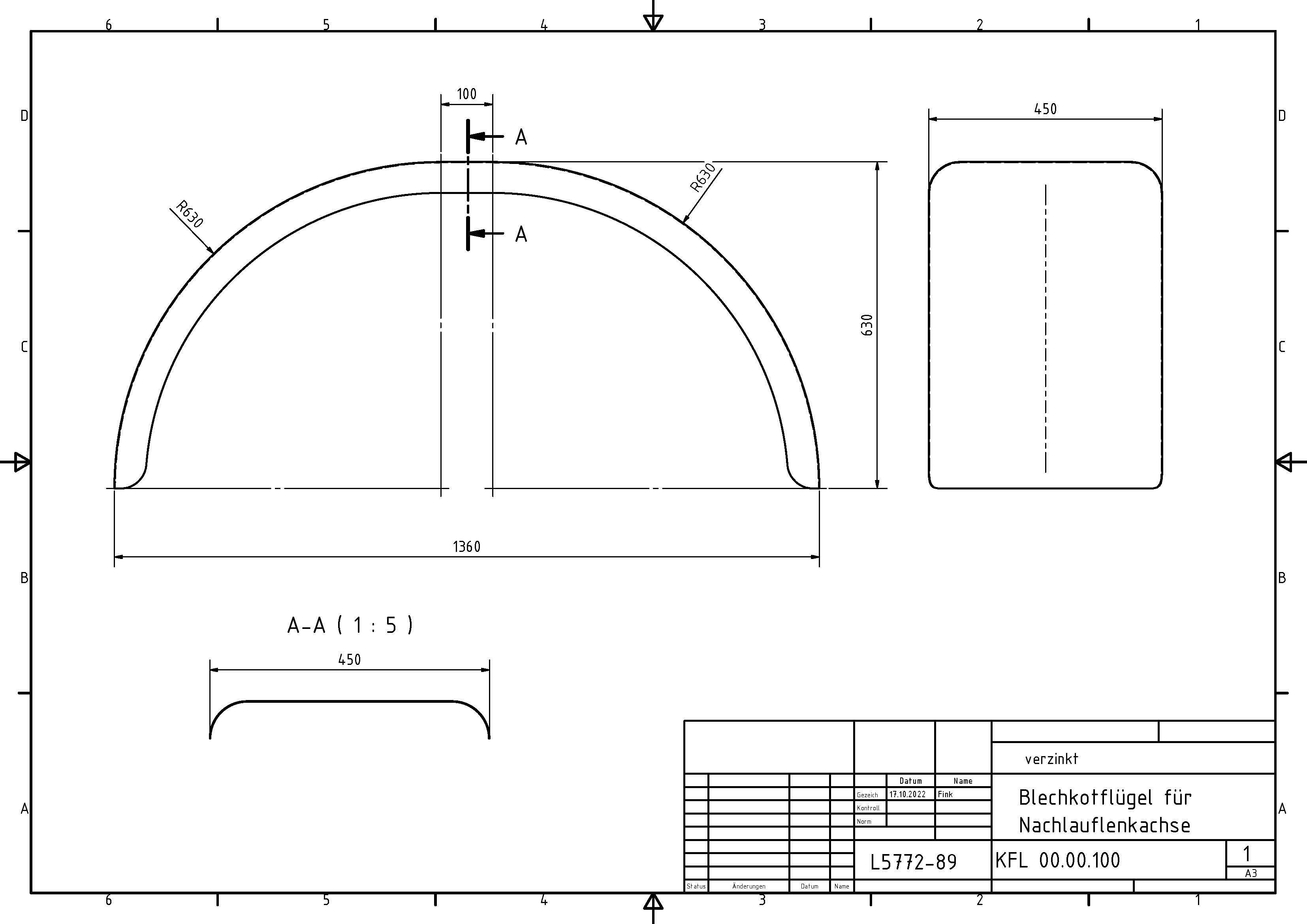 Kotflügel Nachlaufenachse, Stahlblech verzinkt 1,25, Halbkreis, beidseitig abgerundet mit Drahteinlage, 450 × 630 × 630 × 1360 mm (b × h × r × s) 
