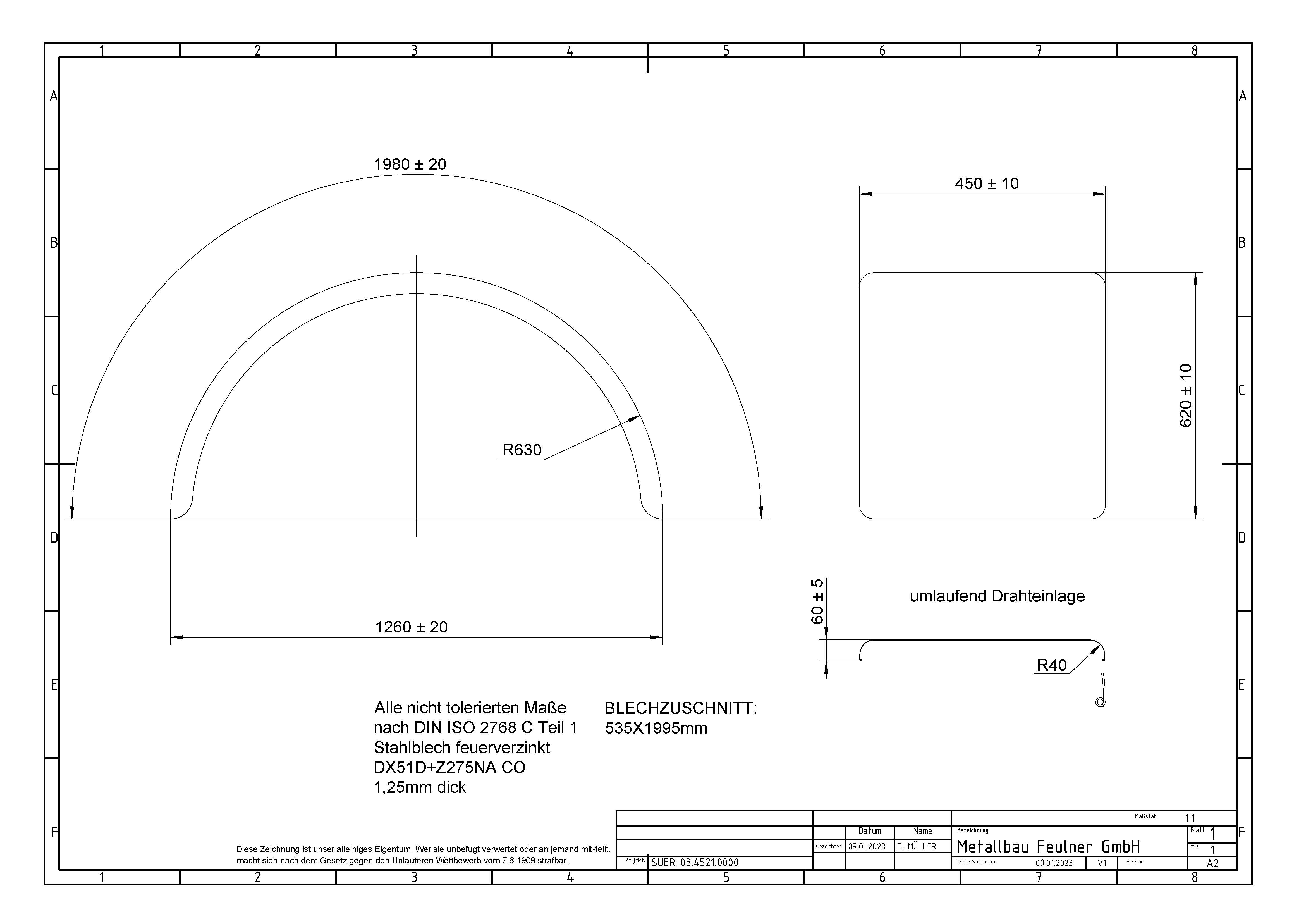 Kotflügel, Stahlblech verzinkt 1,25, Halbkreis, beidseitig abgerundet mit Drahteinlage, 450 × 620 × 630 × 1260 mm (b × h × r × s)